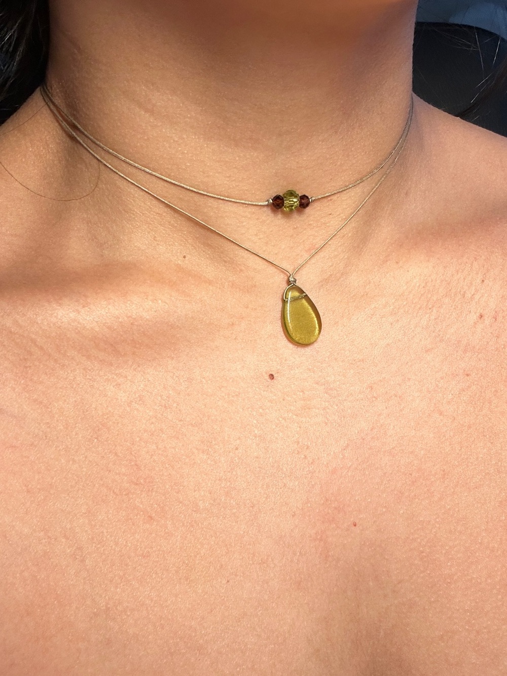 Handmade Olive Czech Glass Layering Necklace Set Boho Crystal Bicone Adjustable